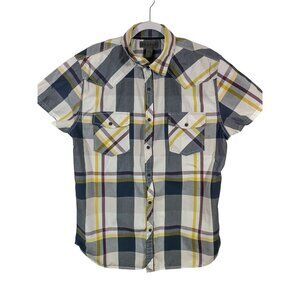 Decree Mens Plaid Shirt Multicolor Gray Yellow Button Up Short Sleeve Pockets XL